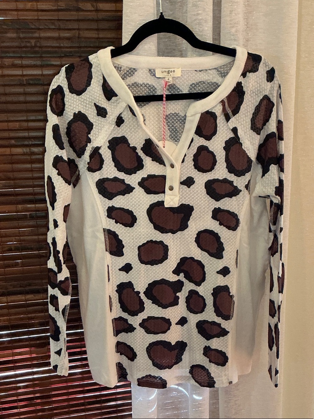 Umgee White Long Sleeve Henley with Brown Leopard Print